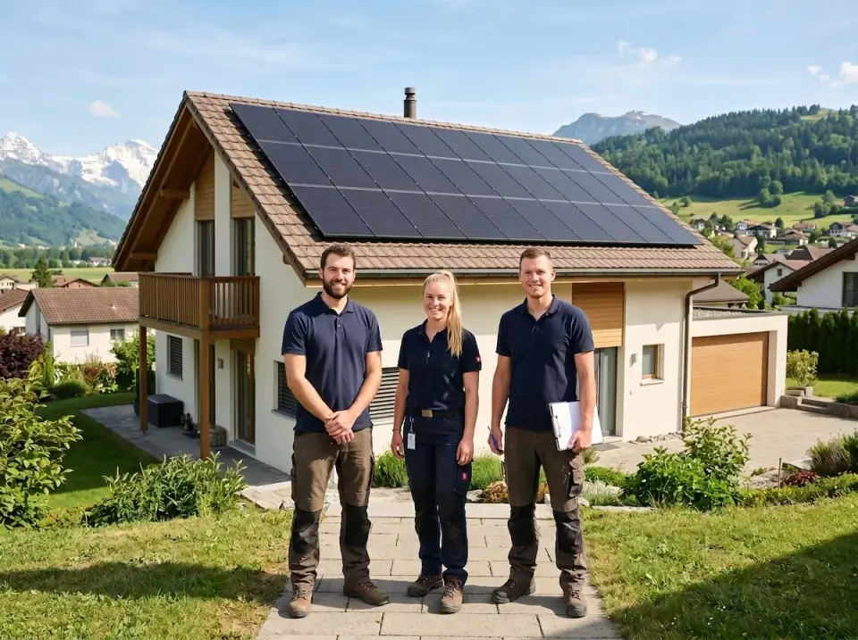 Montage-Team vor einem Einfamilienhaus mit Photovoltaik-Anlage in der Region Schaffhausen