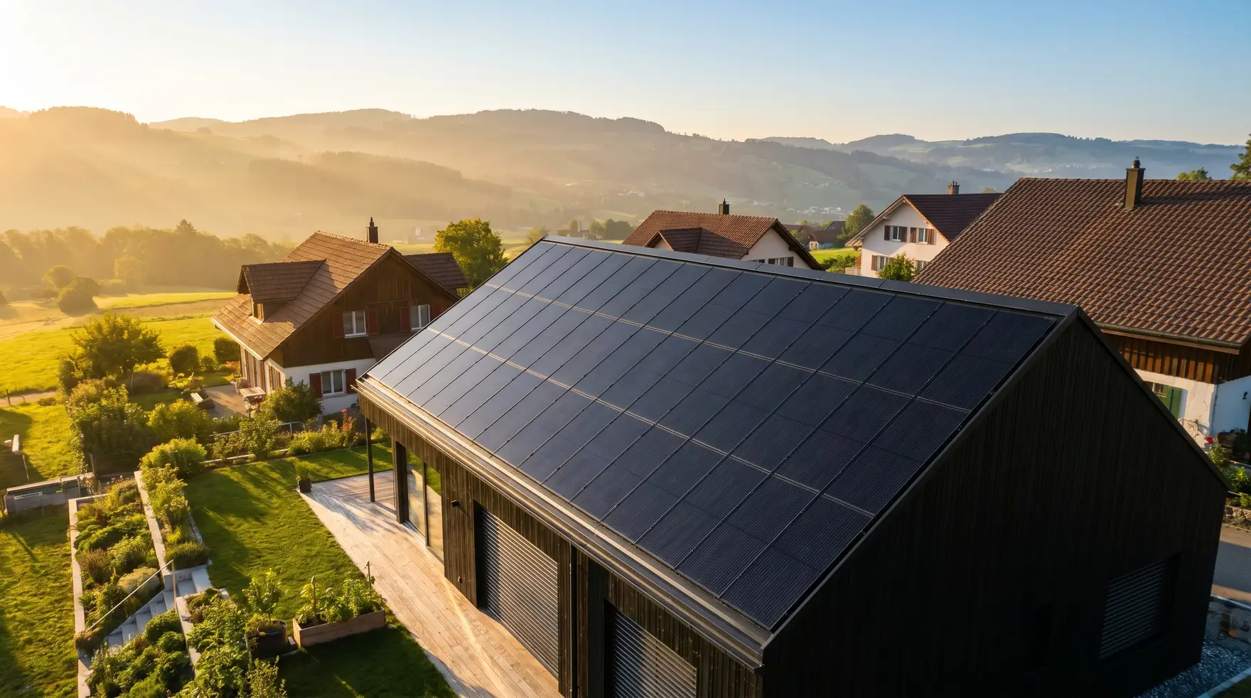 Schweizer Einfamilienhaus mit dachintegrierter Photovoltaik-Anlage im Abendlicht