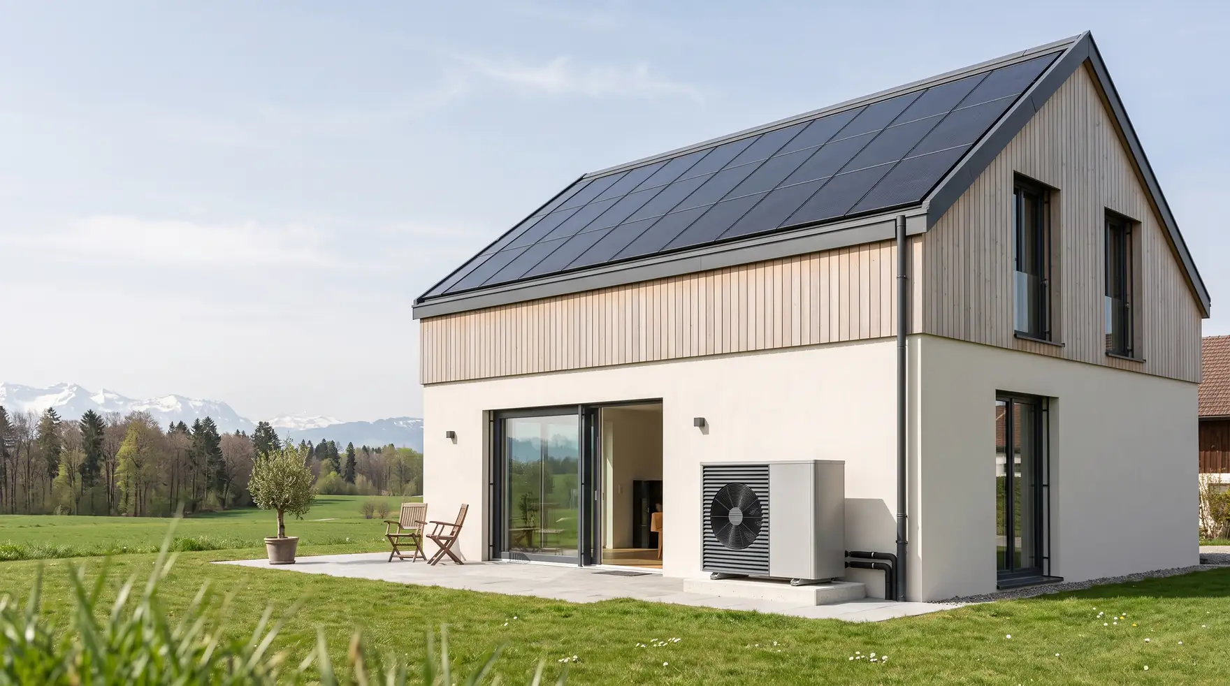 Modernes Einfamilienhaus mit Indach-Solaranlage und Luft-Wasser-Wärmepumpe vor der Terrasse, Wiesen und Alpen im Hintergrund