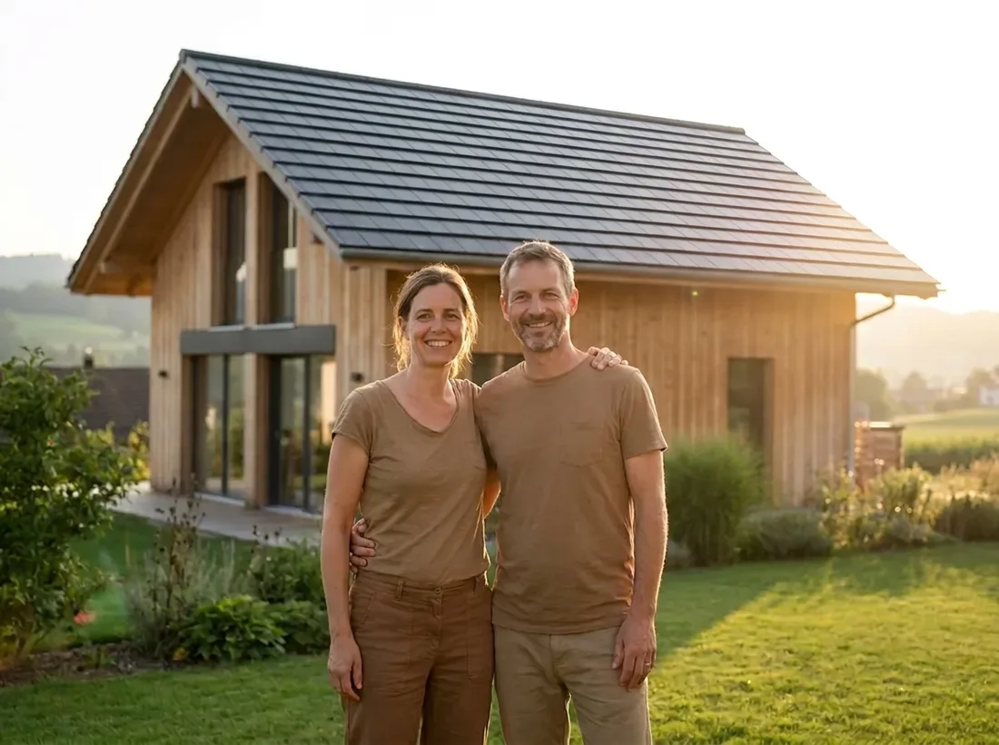 Zufriedenes Paar vor dem Eigenheim mit Solaranlage im Abendlicht