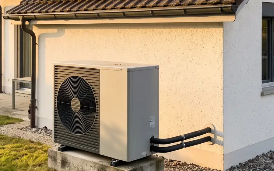 Luft-Wasser-Wärmepumpe im Garten vor einem Einfamilienhaus mit Solaranlage